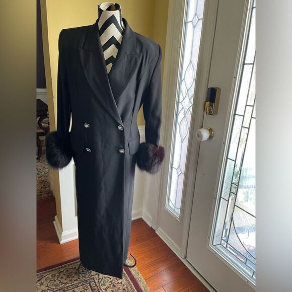 Figurina New York Vintage Black polyester long coat faux fur accent sleeves SZ10 - Picture 1 of 10